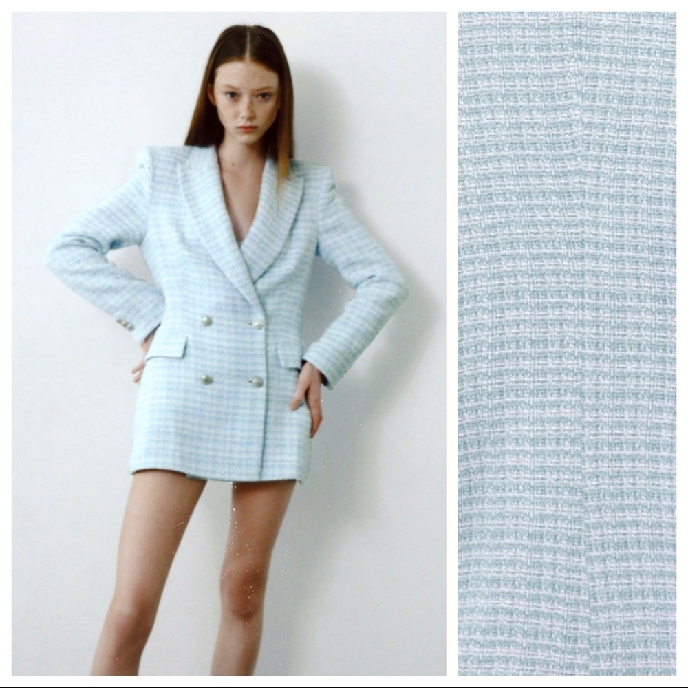NWT. Zara Blue/White Tailored Double-Breasted Blazer. Size L.